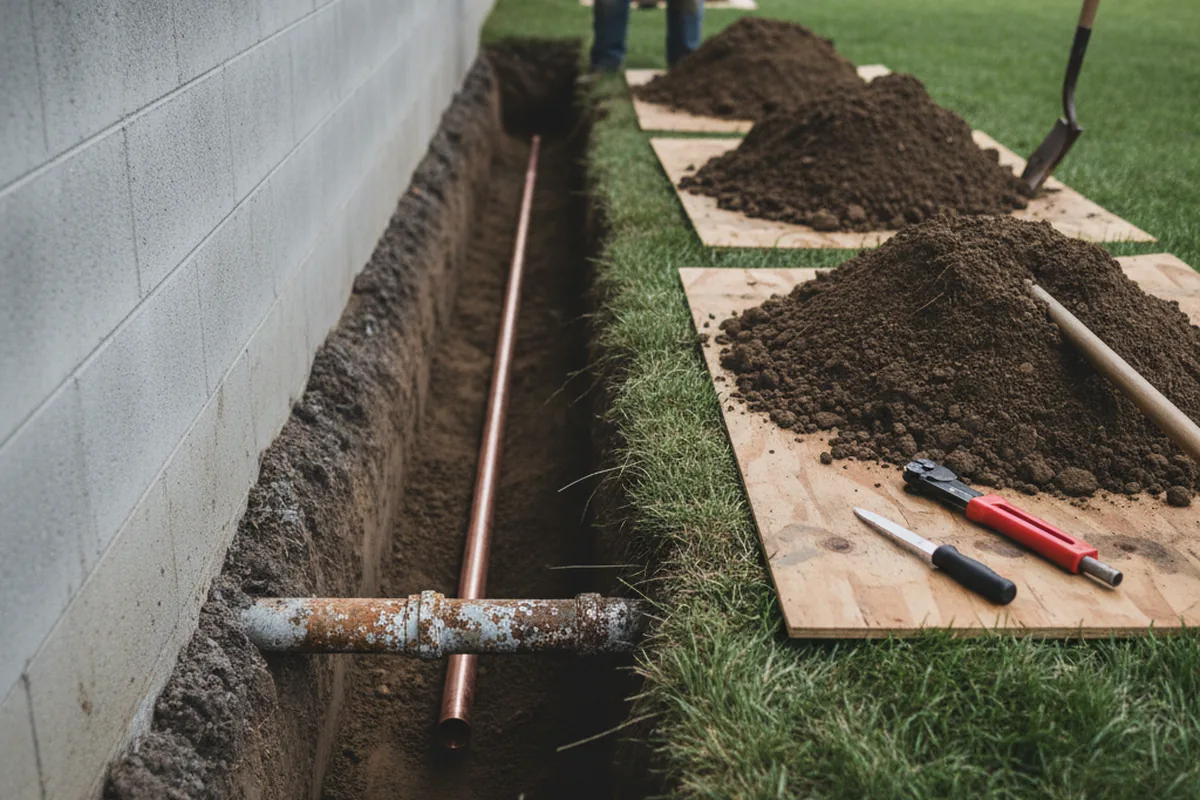 Excavated water line trench during Water Softener Installation in Willisburg